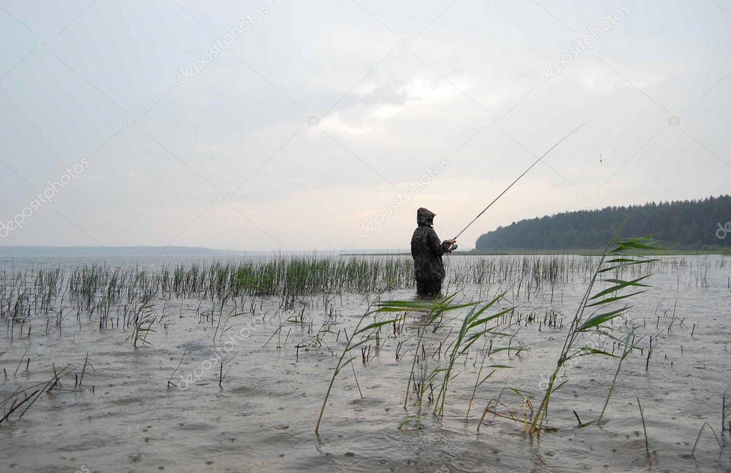 The fisherman stands in the water and catch fish on fishing rod