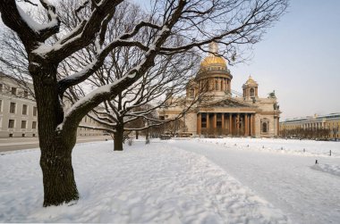 St. Isaac's Katedrali, parktaki bir kış gününde görüntüleyin. St. Petersburg. Rusya. Manzara.