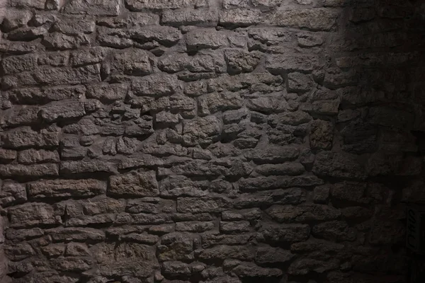 Fragment of a stone fortress wall of the city of Tallinn, Estonia. Night time. The light of a lantern falls on the wall. The wall is painted with gray paint. Background. Texture.