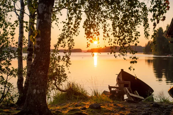 Büyük bir göl üzerinde gün batımı manzarası. Kıyıda kıyı ağaçları ve bir tekne var. Arka planda uzak bir sahil, batan güneş ve suyun üzerinde bir ışık yolu var. Manzara. Arkaplan.