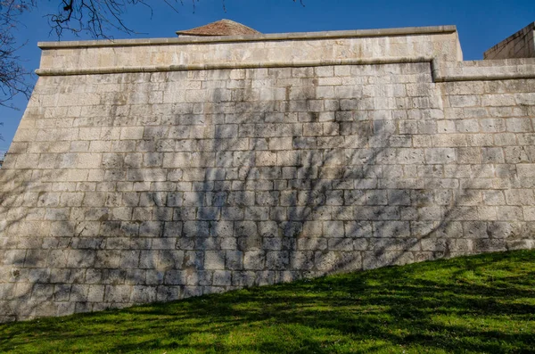 Fragment Old Fortified Wall Stone Blocks Shadow Tree Leaves Green — Stock Photo, Image