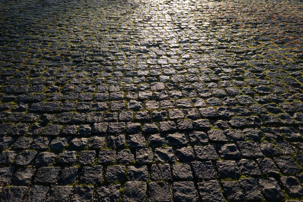 Widok Fragmentu Placu Pokrytego Starym Kamiennym Chodnikiem Pomiędzy Kamieniami Jest — Zdjęcie stockowe