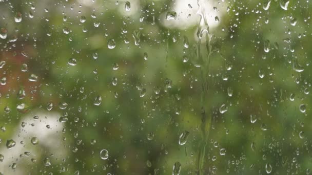 Lluvia cayendo sobre vidrio durante tormenta de lluvia . — Vídeos de Stock