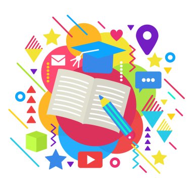 Soyut parlak online üniversite okul eğitimi düz kavram. E öğrenme online eğitim kavramı şablonu poster illüstrasyon.