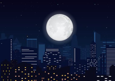 Gece leyin şehir. Büyük ay vektör illüstrasyon ile Cityscape gece silueti.