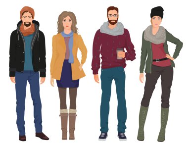 Sonbahar ilkbaharda güzel kız modelleri ile Yakışıklı genç erkek erkekler izole rahat modern moda giysiler. İnsanlar çiftler.