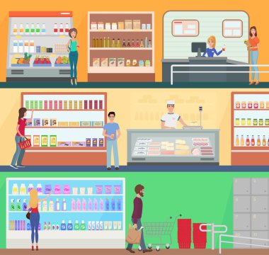 İnsanlar bir süpermarket konsepti set koleksiyonu alışveriş. Gıda süpermarket mağaza pazarında müşteriler buing ürünleri.