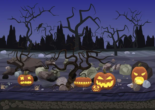 Dunkle Nacht gruselig Horror-Halloween-Hintergrund mit Kürbis und Bäumen. — Stockvektor