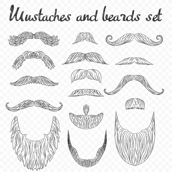 Cheveux d'homme, moustache, collection de barbes isolés sur fond alpha transperant. Hipster éléments de mode rétro haute détaillée. dans le style de dessin de ligne de contour . — Image vectorielle