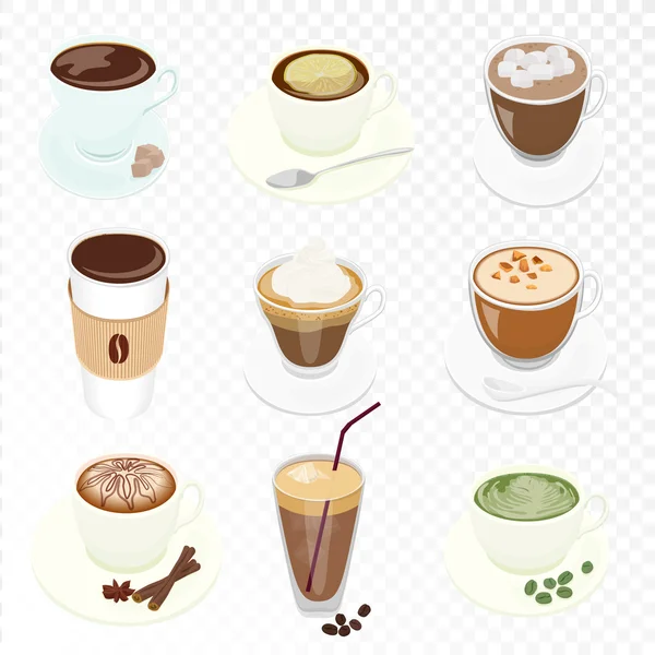 Uppsättning av olika vektor kaffekopp och många typer av kaffe för café restaurang kaffemeny isolerad på Alfa transpetant bakgrund. — Stock vektor
