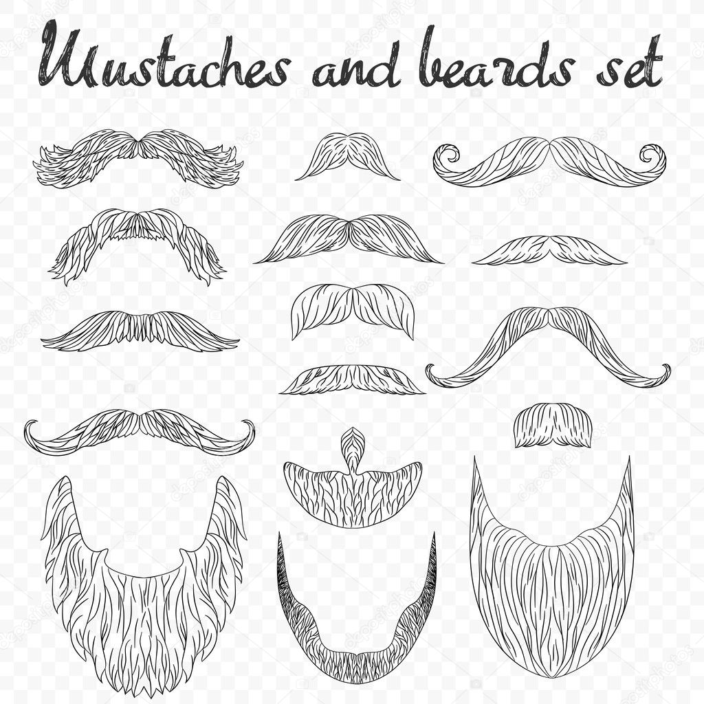 Man hair, mustache, beards collection isolated on transperant alpha background. Hipster high detailed retro fashion elements. in outline line drawing style.