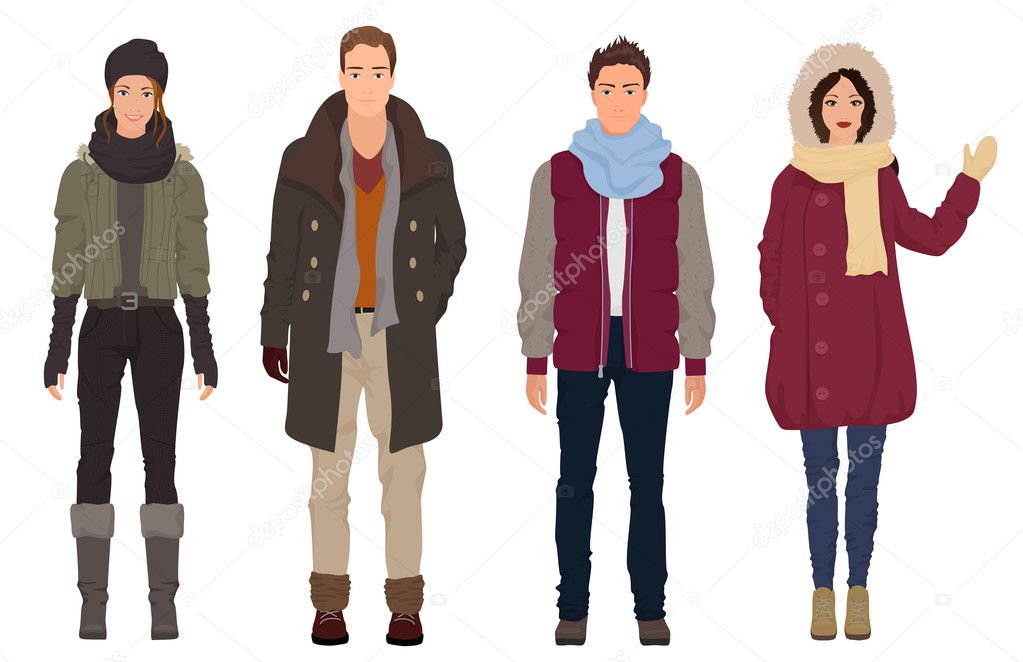 Handsome young guys with beautiful girls models in winter warm casual modern fashion clothes isolated. People couples.