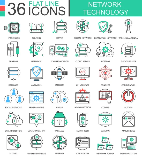 Tecnologia di rete vettoriale icone moderne a linee piatte a colori per applicazioni e web design . — Vettoriale Stock