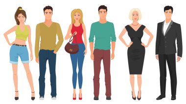 Güzel sevimli kız modelleri ile yakışıklı genç erkekler erkekler rahat sokak modern moda giysiler izole çiftler. Modaya uygun insanlar seti.