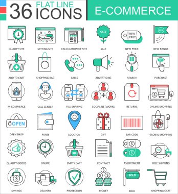 Vektör internet E-ticaret modern düz çizgi apps için anahat simgeleri renk ve web tasarım.