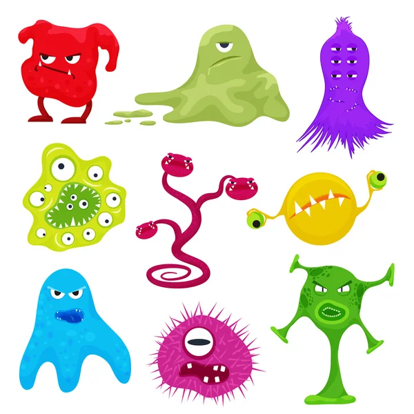 Vektor tecknad onda bakterier bakterier. Arga aggressiva söt virus set. — Stock vektor