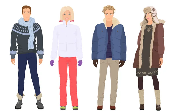 Yakışıklı genç adamlar güzel kızlar modelleri kış ile izole casual modern moda giysiler sıcak. İnsanlar çiftler.