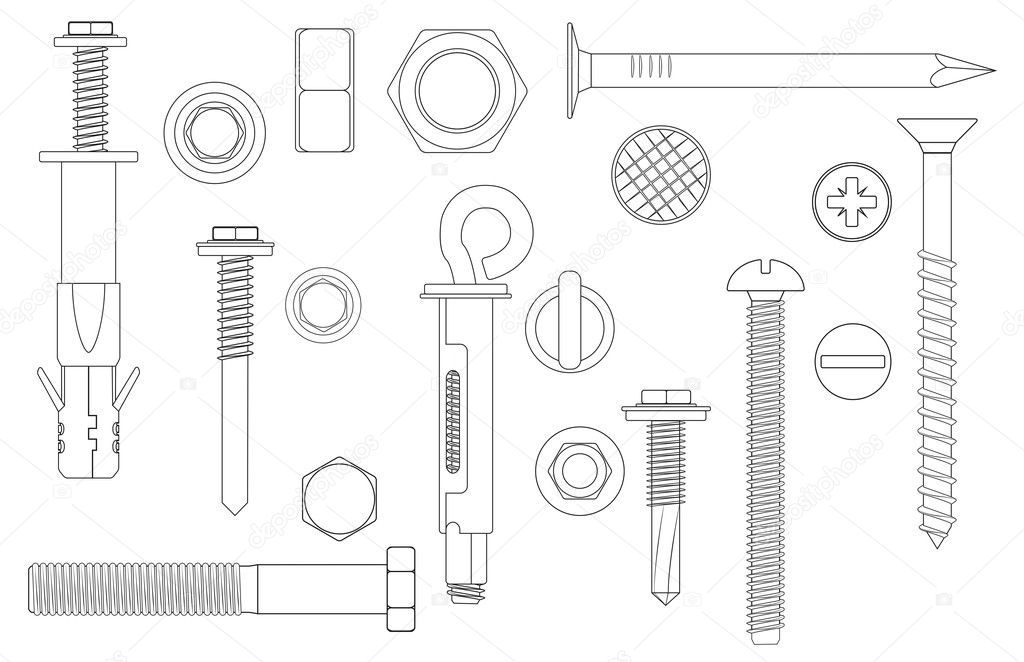 Construction Hardware set Bolts, Screws, Nuts and Rivets. vector illustration of outline line Metal fix gear elements.