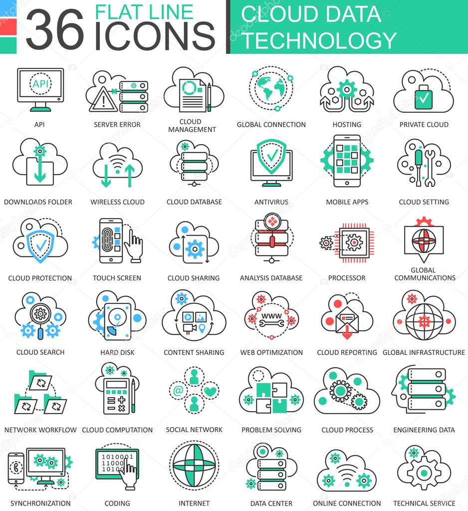 Vector Cloud data technology ultra modern color outline line icons for apps and web design.
