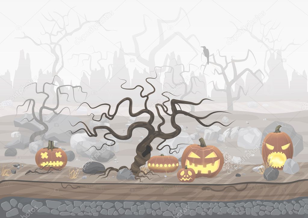 Fog day scary horror halloween background with pumpkin and trees.