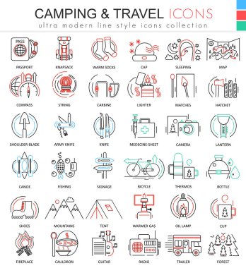 Vektör doğa macera ultra modern renkli anahat satırı simgeleri apps ve web tasarım için kamp.