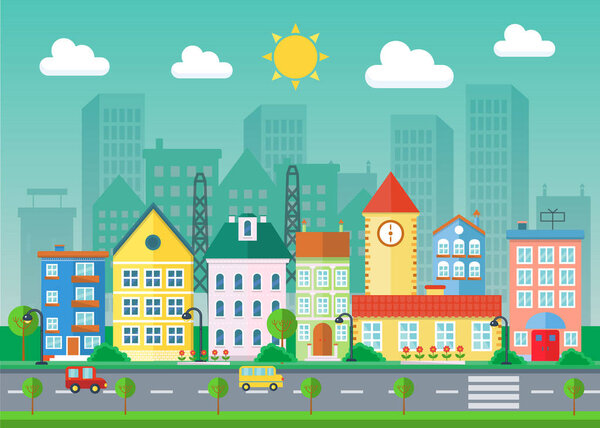 Vector Urban landscape flat illustration. Village buildings and skyscrapers. Cityscape landscape.