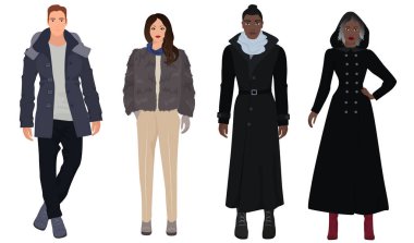 Yakışıklı genç adamlar güzel kızlar modelleri kış ile izole casual modern moda giysiler sıcak. Siyah ve beyaz insanlar çiftler.