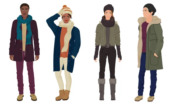 Knappe jonge jongens met mooie meisjes modellen in de winter warme toevallige moderne mode kleding geïsoleerd. Zwart-wit mensen paren. — Stockvector