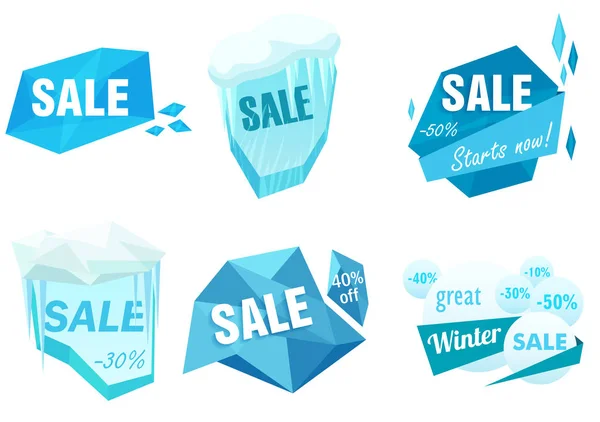 Winter ice sale set. Snow cold sale banner template. Christmas frozen ice peace sale tag discount symbol. — Stock Vector