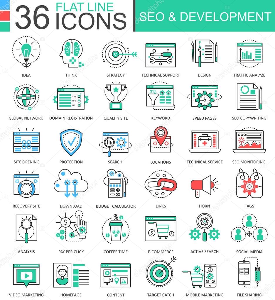Vector SEO and development modern color flat line outline icons for apps and web design.