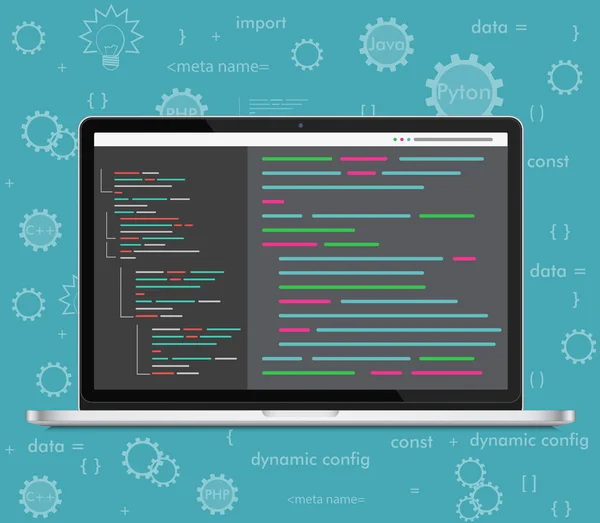 Concepto de codificación portátil vectorial. Desarrollador web, diseño, programación. Código de pantalla del ordenador portátil. — Vector de stock