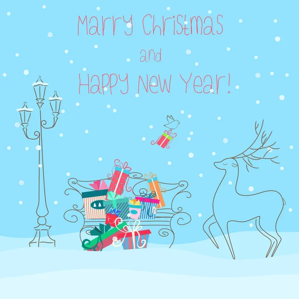 Ελάφια κοντά σε πάγκο γεμάτο δώρα δώρα. Ευτυχισμένο το νέο έτος 2017 ευχετήρια κάρτα ή Σχεδιασμός αφίσας. Εικόνα Χριστουγέννων. — Διανυσματικό Αρχείο