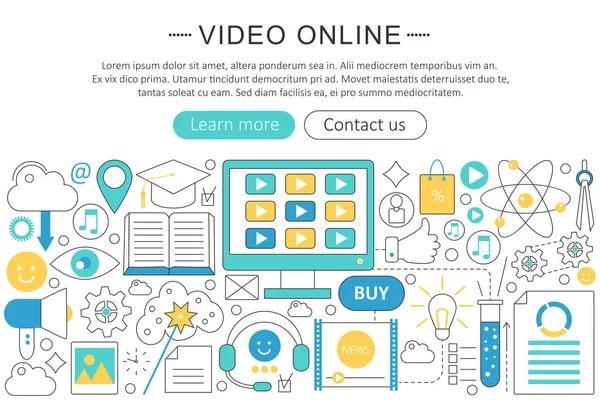 Vektor elegant dünne Linie flaches Design Video Online-Technologie-Konzept. Website Header Banner. Videotutorials Lernpräsentation, Flyer und Poster. — Stockvektor