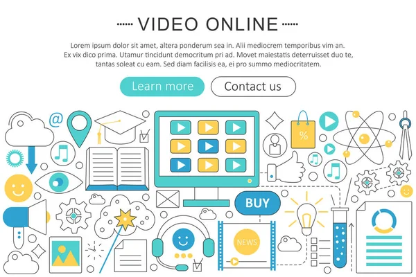 Vecteur élégant ligne mince design plat Vidéo concept de technologie en ligne. Bannière d'en-tête de site Web. Tutoriels vidéo apprentissage Présentation, dépliant et affiche . — Image vectorielle