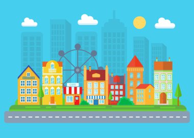 Şehir ve köy manzara. Cityscape vektör çizim.