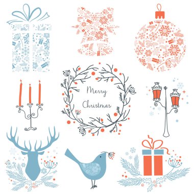 Tasarımınız için Noel ve yeni yıl grafik öğeleri simgeler kümesi. Christmas simgeleri, işaretler, semboller. Geyik, kuş, yanan mum, toplar, hediye kutuları. 2017.