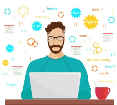 Adam programcı hipster kodlama ve onun laptopunda programlama çalışıyor. Programcı php kodu işgal kavramı.