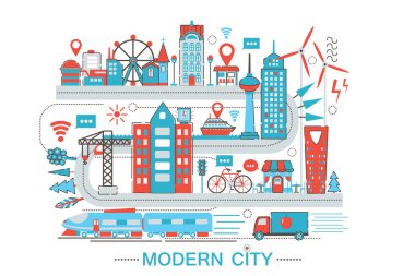 Modern Modern akıllı şehir grafik düz çizgi tasarım stili infographics kavramı küresel ağ teknolojisi ile Web sitesi, sunum ve poster için simgeler.
