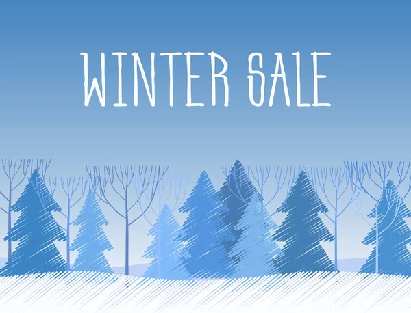 Winter verkoop woorden over de prachtige Chrismas platte winterlandschap met boom achtergrond. Verf schets, tekening. — Stockvector