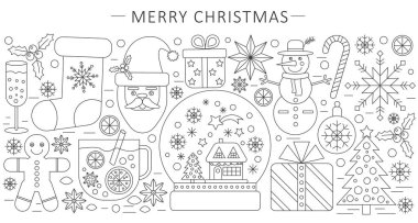 Vektör zarif ince anahat satırı kavramı Noel ve mutlu yeni yıl. Web sitesi başlık afiş öğeleri düzeni. Sunum, el ilanı ve poster.