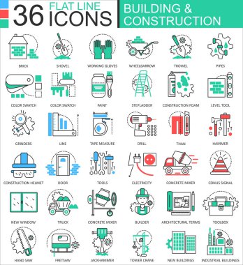 İnşaat ve yapı araçları modern düz renkli anahat simgeleri için apps ve web tasarım vektör.
