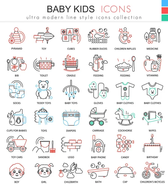 Vector Baby kids iconos de contorno ultra moderno para aplicaciones y diseño web. Bebé niños sybols para aplicación y web . — Vector de stock
