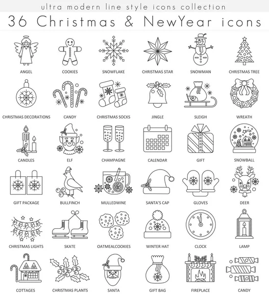 Vector de Navidad y Feliz Año Nuevo ultra moderno esbozar iconos de línea para aplicaciones y diseño web. Símbolos navideños para app y web . — Vector de stock