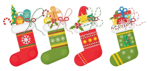 Set of vector Christmas socks in red andd green colors with various patterns. Christmas stocking collection. — Stock Vector