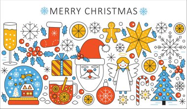 Vektör zarif düz çizgi Noel ve mutlu yeni yıl kavramı renk. Web sitesi başlık afiş simgeler öğeleri düzeni. Sunum, el ilanı ve poster.