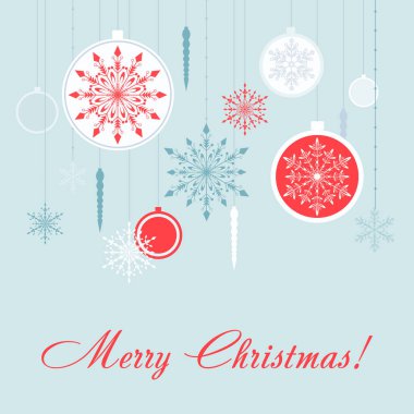 Noel süslemeleri kart vektör. Kar taneleri ile yeni yıl arka plan.