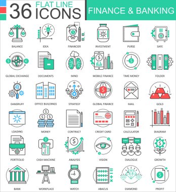 Finans ve bankacılık uygulamaları ve web tasarım modern renk düz çizgi anahat simgelerini vektör.
