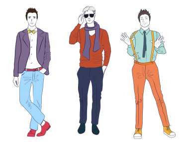 Yakışıklı genç adamlar erkek modelleri izole casual modern moda giysileri. Düz eskiz çizgi adam insanlar kümesi.