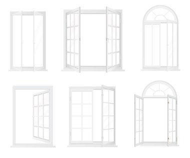 Different types of windows. Realistic decorative windows icons set. clipart