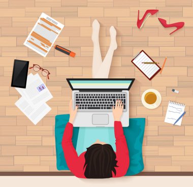 Genç kadının laptop ve öğeleri çalışma alanı ile katta oturan vektör üstten görünüm. Office, Üniversite Kütüphanesi.